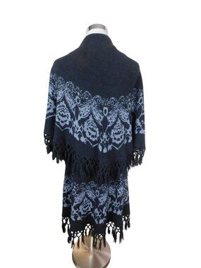 Black & Blue Open-Front Shawl Wrap With Fringe Hem & Floral Pattern One Size 39"